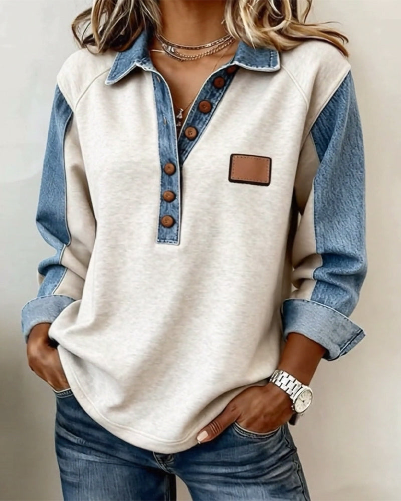 Stylish Denim Patchwork Long-Sleeved Sweatshirt