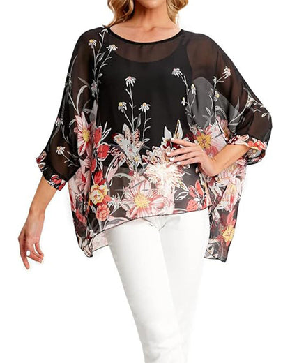 Three-Quarter Sleeve Loose Printed Irregular Blouse