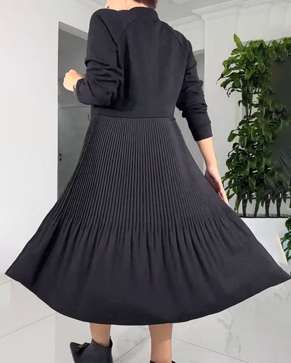 Pleated Paneled Long-Sleeved Dress