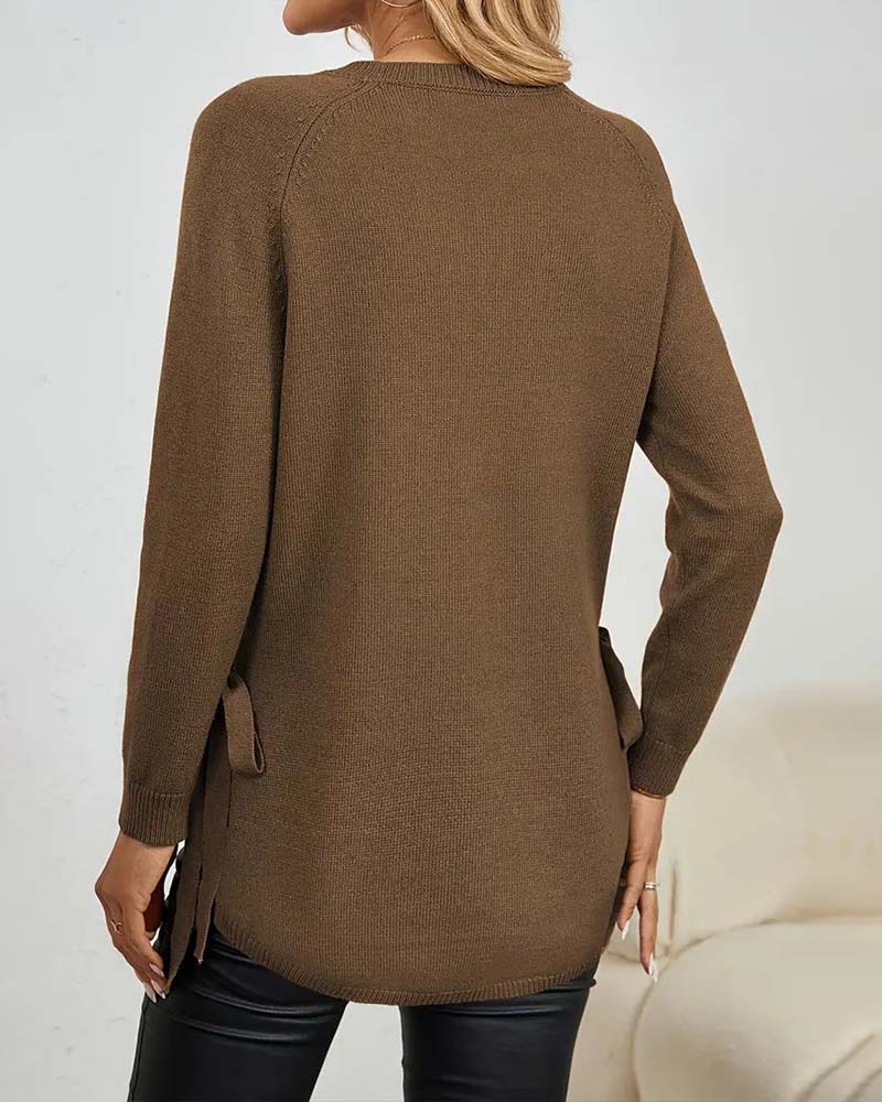 Round Neck Slit Solid Color Jumper