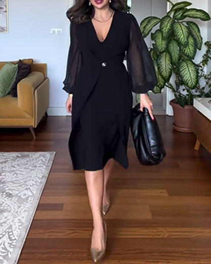 V-Neck Lantern Sleeve Slim Dress