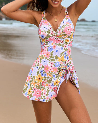 Pleated Cross One-Piece Swimdress
