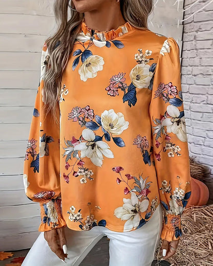 Balloon-Sleeve Floral Blouse