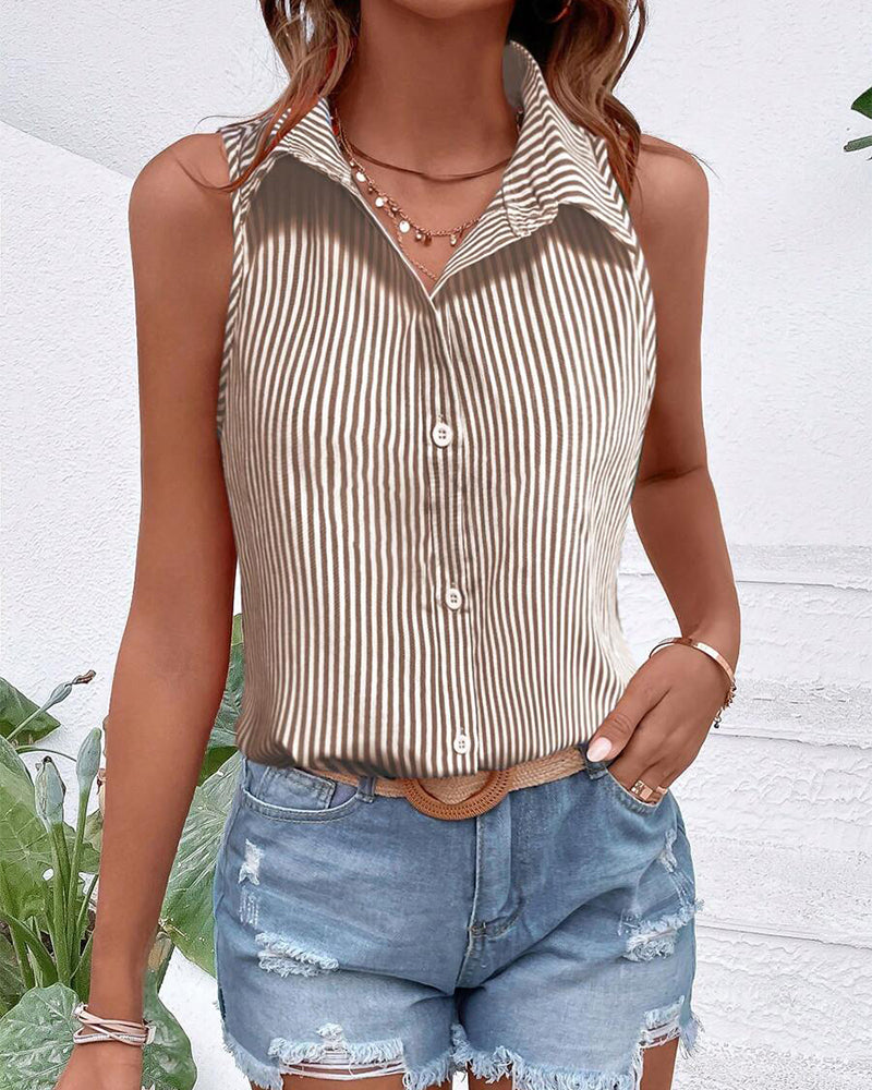 Sleeveless Lapel Striped Tank Top