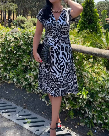 V-Neck Zip-Up Leopard Print Dress