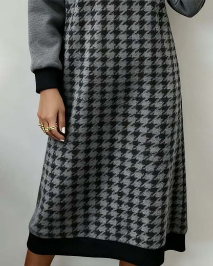 Round Neck Houndstooth Color-Block Dress
