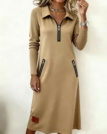 Lapel Half-Zip Shift Dress