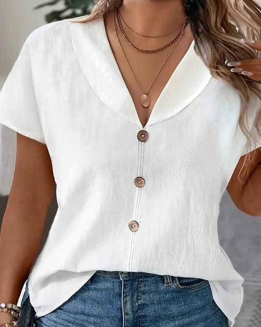 Lapel Solid Color Button Short Sleeve Blouse
