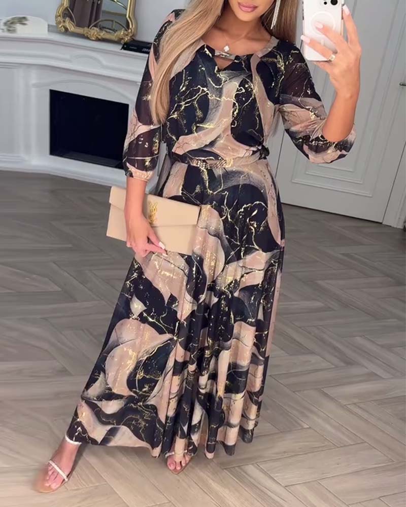 Elegant Three-Quarter Sleeve Printed Waist Dress