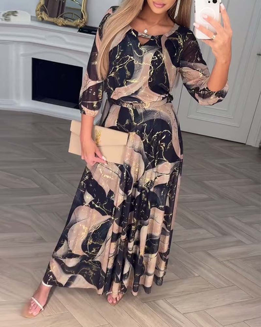 Elegant Three-Quarter Sleeve Printed Waist Dress
