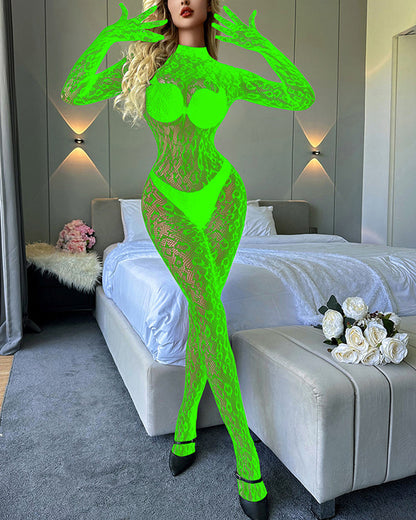 Long-Sleeved One-Piece Fishnet Stockings Underwear