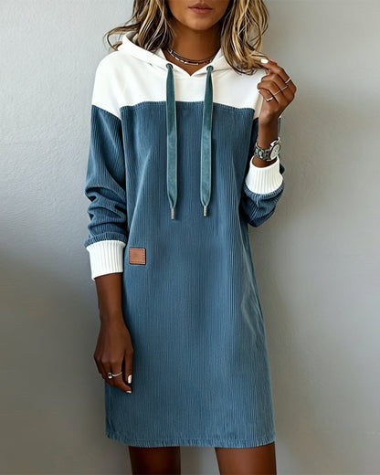 Hooded Color-Blocked Corduroy Dress