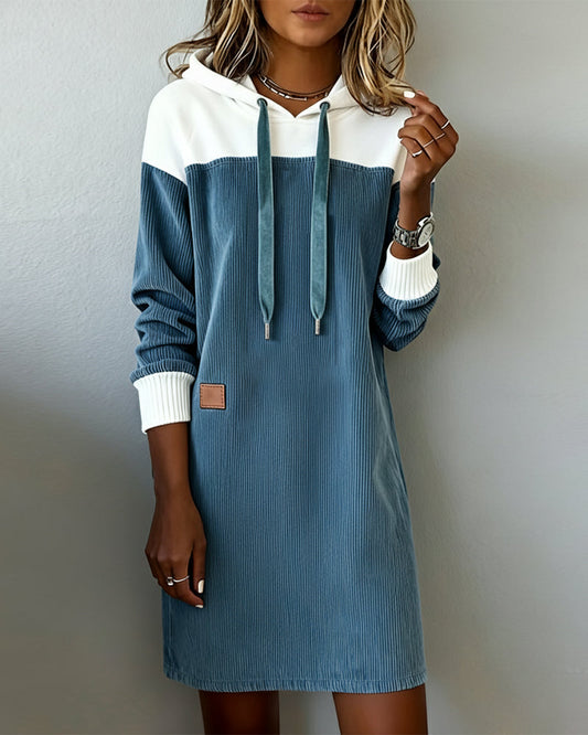 Hooded Color-Blocked Corduroy Dress