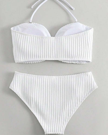 Halter Solid Color Striped Swimsuit