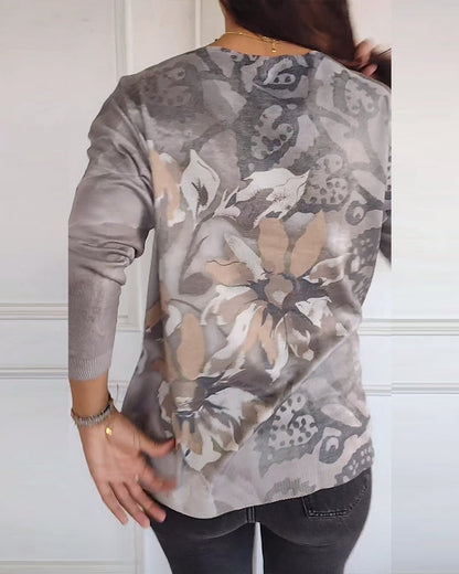 Vintage floral print V-neck long-sleeved top