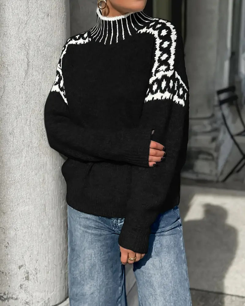 High Neck Patterned Contrast Sweater