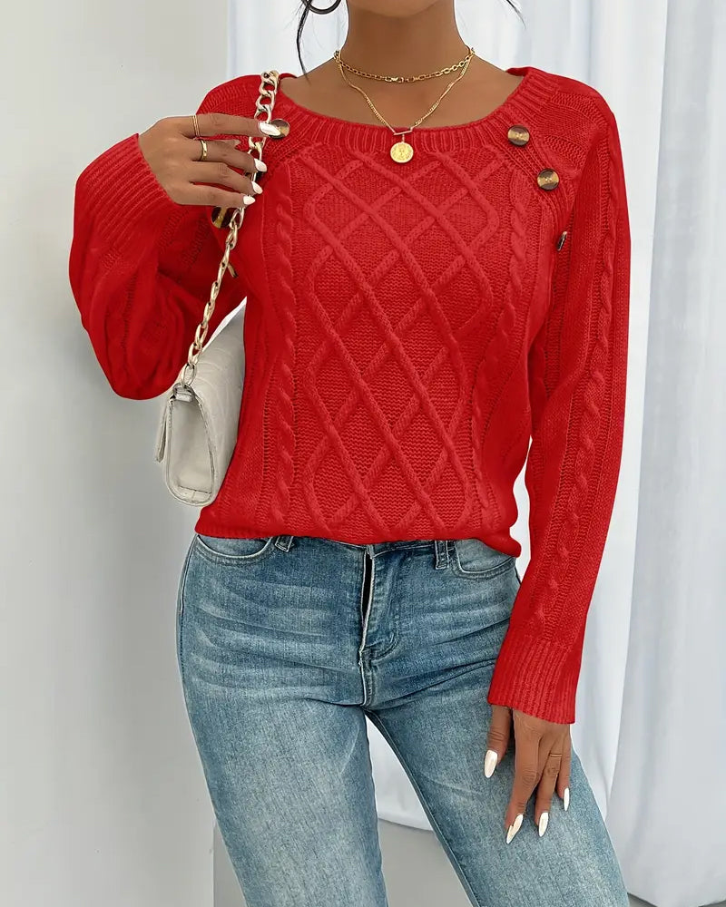 Solid Raglan Sleeve Buckle Cable Knit Sweater