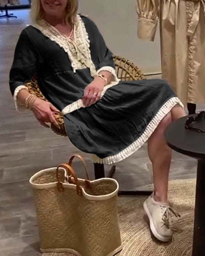 Lace V-neck fringe casual dress