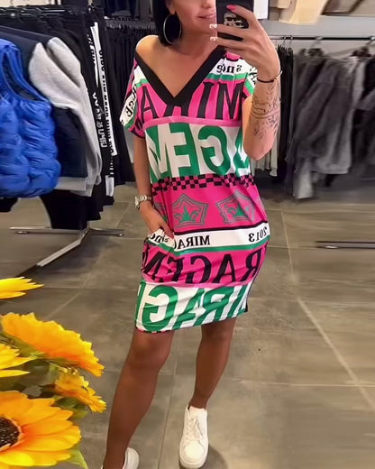 Printed V-Neck Short-Sleeved Dress