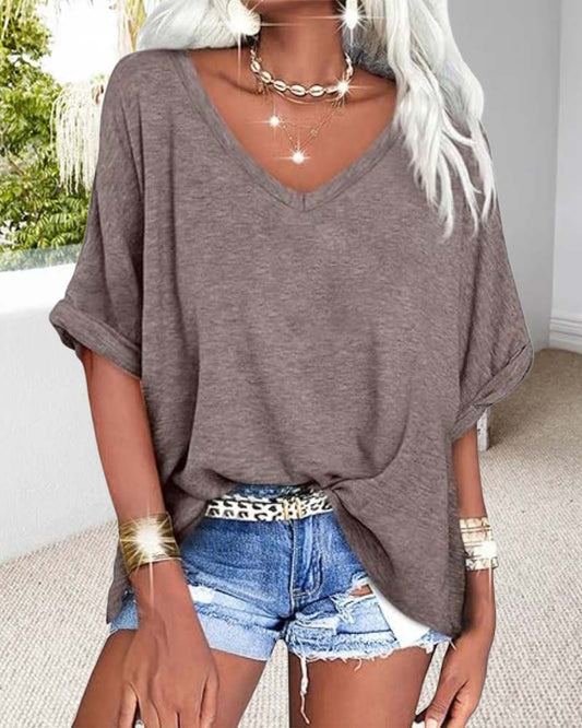 V-Neck Rolled-Hem Short-Sleeved Loose T-Shirt