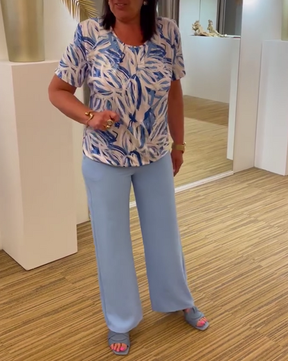 Printed short-sleeve round neck pleated blouse