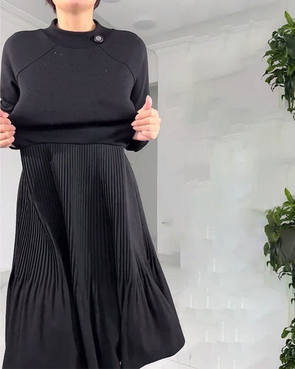 Pleated Paneled Long-Sleeved Dress
