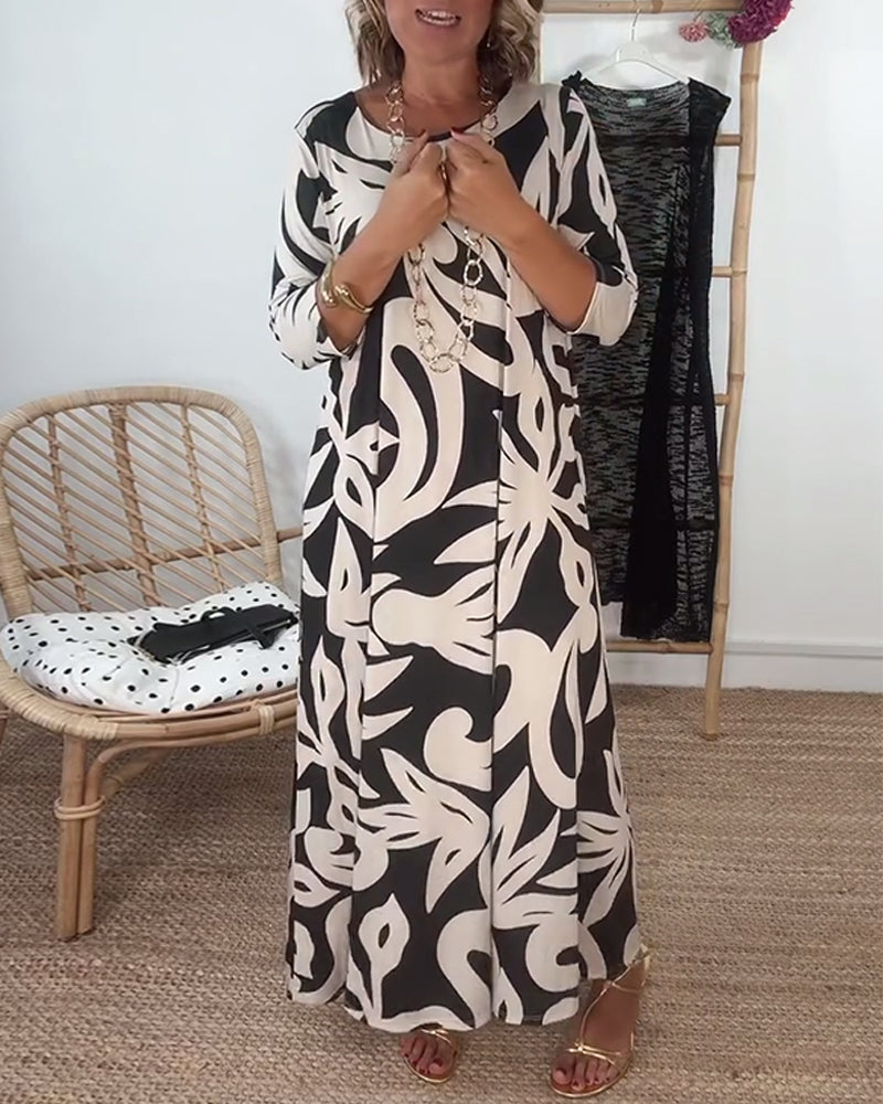 Round Neck Long Sleeve Printed Dress
