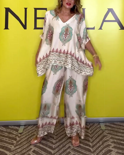 Temperament V-Neck Cashew Flower Wide-Leg Set