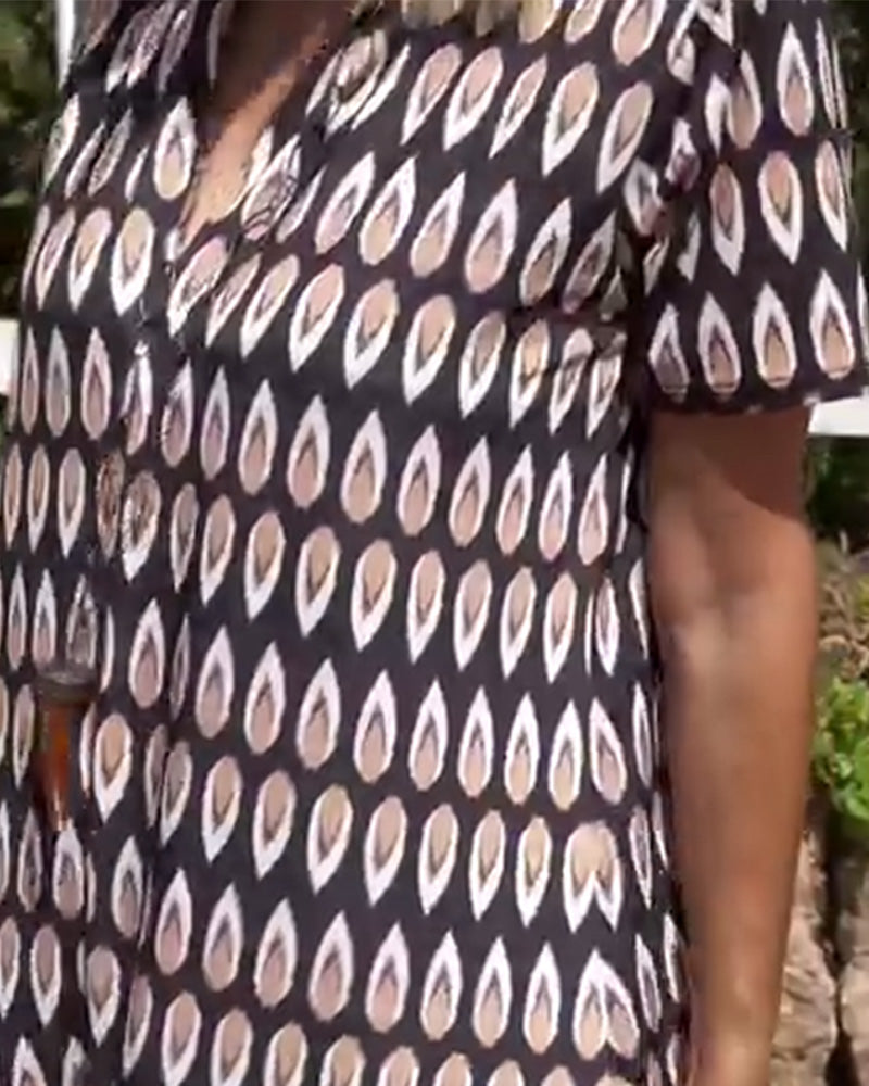 V-Neck Printed Short-Sleeved Straight Maxi Dress