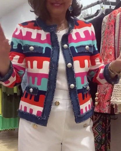 Raw edge button colorful print jacket