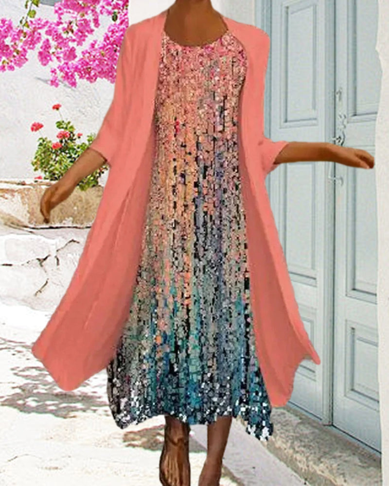 Elegant colorful round neck printed dress