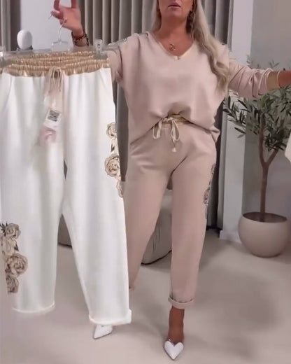 Long Sleeve V-Neck Casual Sweater Suit