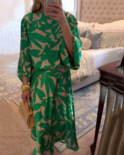 Temperament Printed Lantern Sleeves Casual Dress Set