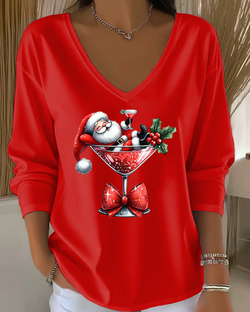 V-Neck Loose-Fitting Christmas Wine Glass Print Top