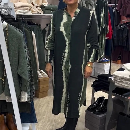 Stand collar button-down printed shirt dress