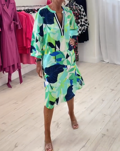 Stand Collar Three-Quarter Sleeves Digital Print Dress