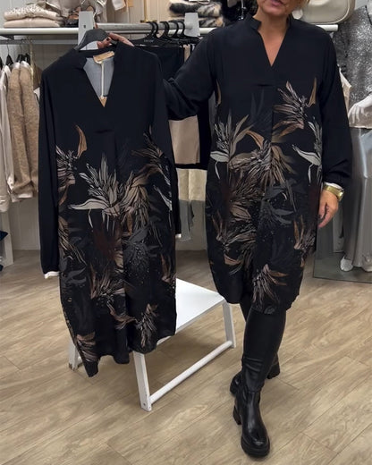 V-Neck Leaf Print Long-Sleeved Dress