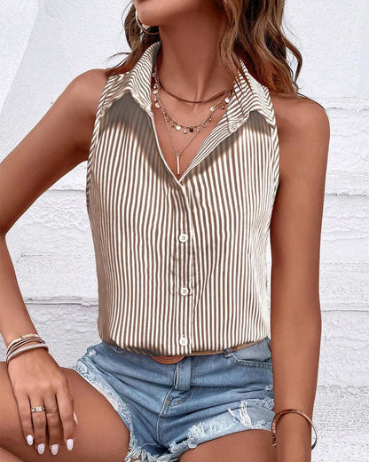 Sleeveless Lapel Striped Tank Top