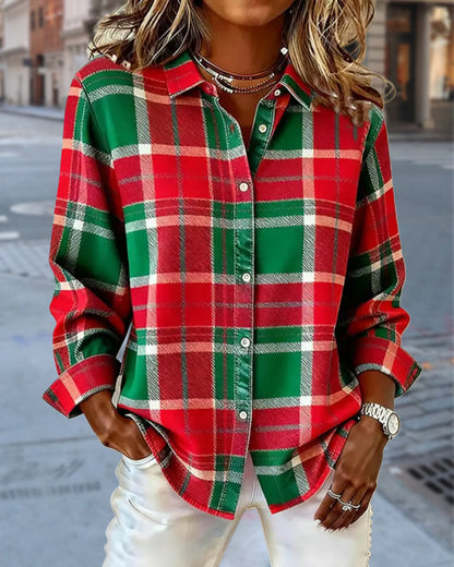 Long-Sleeved Lapel Plaid Shirt