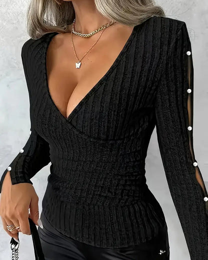 V-Neck Sexy Beaded Sleeve Knit Top