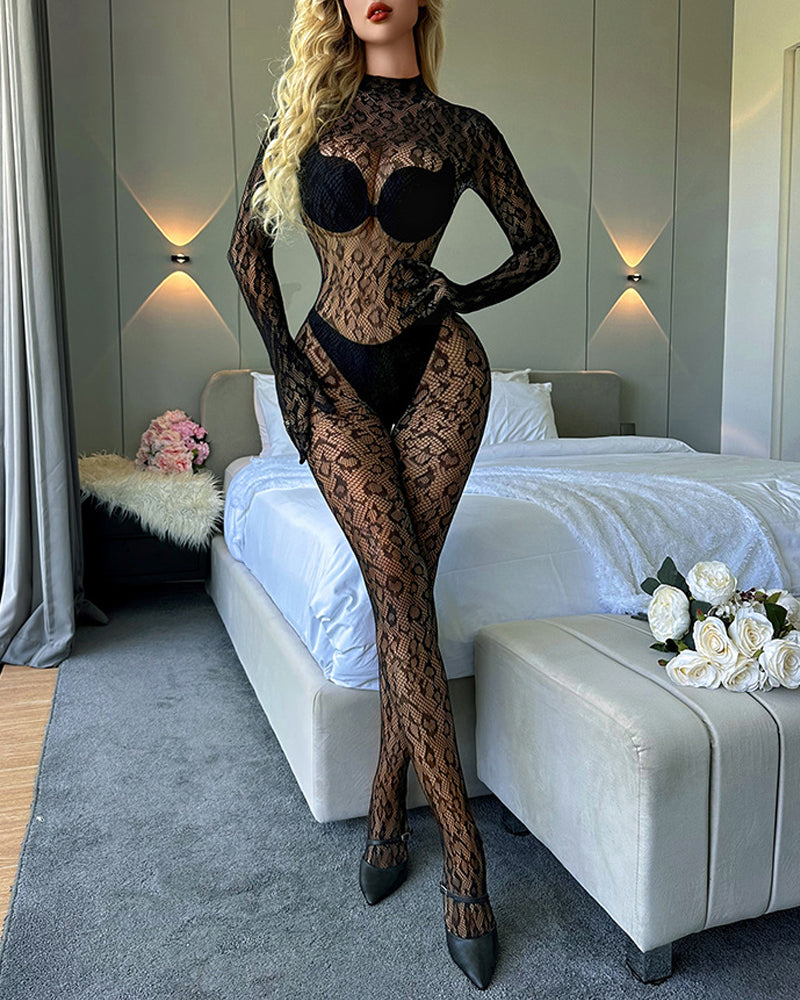 Long-Sleeved One-Piece Fishnet Stockings Underwear