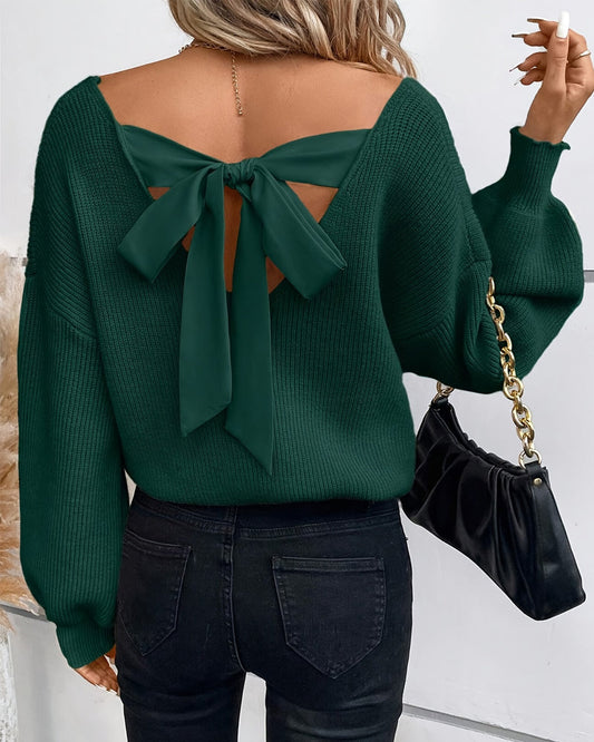 Backless Bow V-Neck Pullover