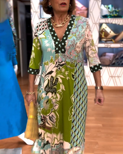 V-neck Printed Slit Dress