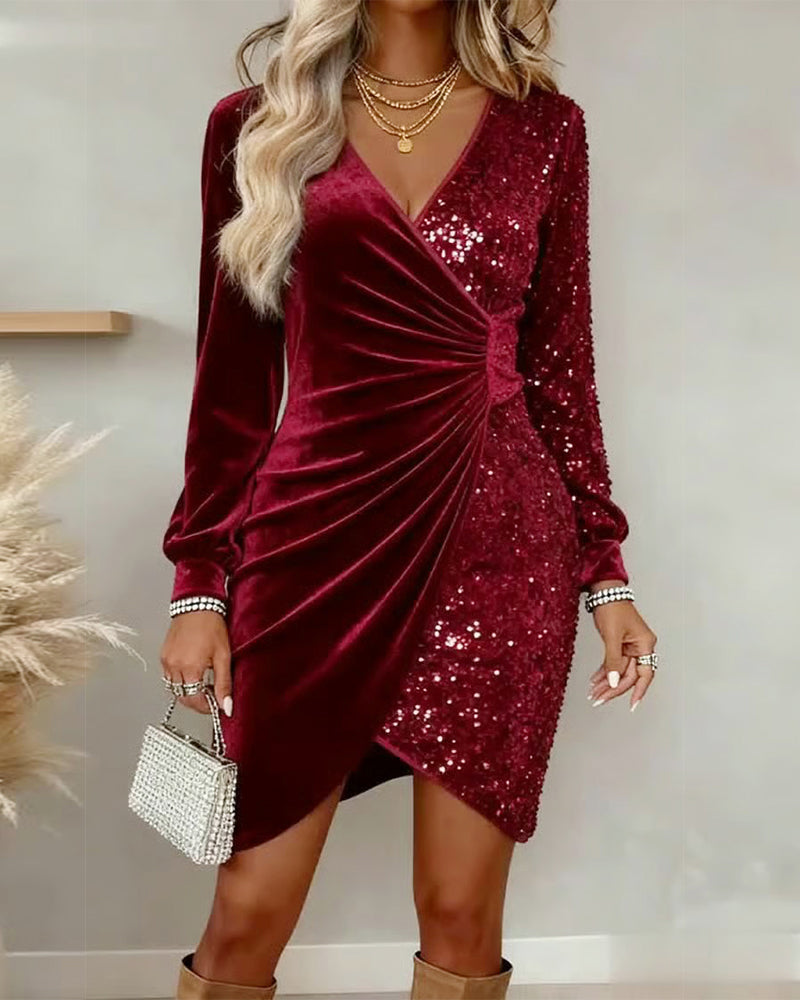 Sexy V-Neck Sequined Velvet Dress