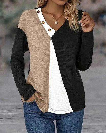 V-Neck Contrast Button Top