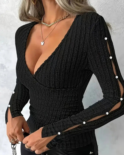 V-Neck Sexy Beaded Sleeve Knit Top