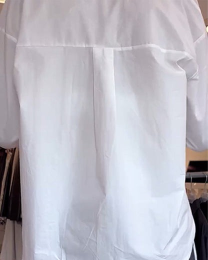 Lapel Solid Long-Sleeved Shirt And Lace Inner Set