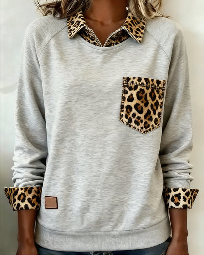 Long-Sleeved Lapel Leopard Print Sweatshirt
