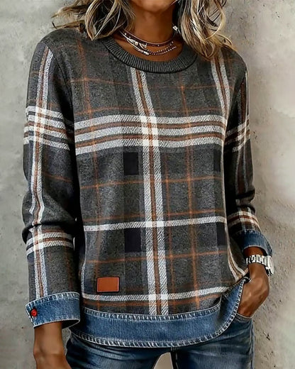 Plaid Denim Patchwork Sweatshirt