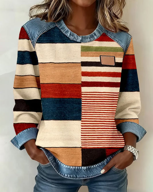 Color Striped Contrasting Round Neck Sweatshirt